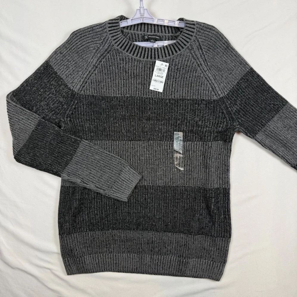 INC International Concepts Mens Large Deep Black Striped Ribbed Knit Sweater NWT